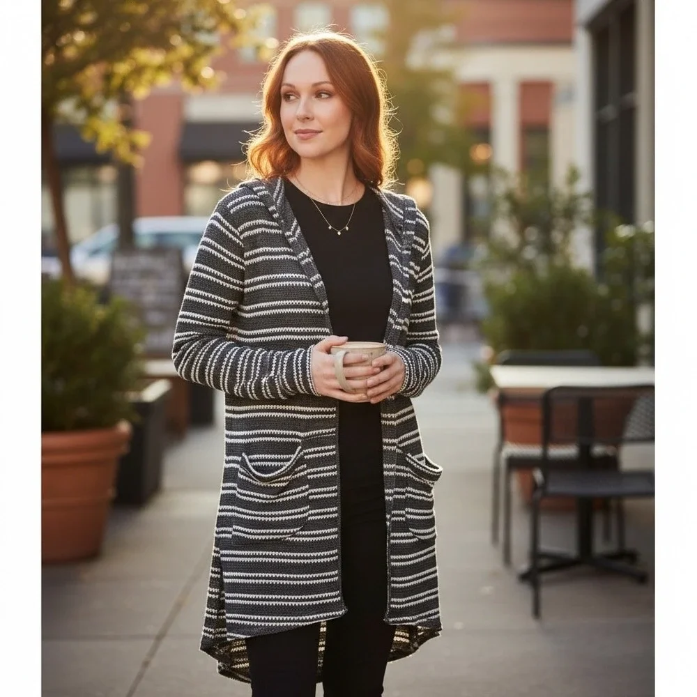 🌸3/$15🌸 FULL TILT Gray White Stripe Knit Hooded Long Duster Cardigan Open Front